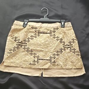 Beige Embroidered Mini Skirt